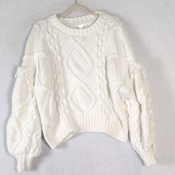 Line and‎ Dot Womens White Cableknit Oversized Fringe Heavy Sweater Size M - Picture 1 of 9